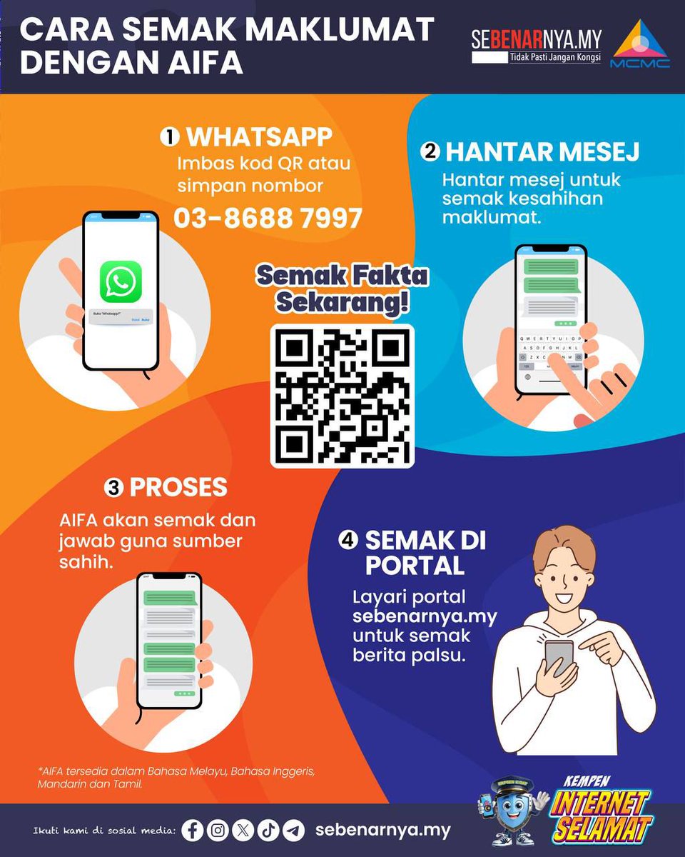 NADIIgan's tweet photo. 📢 Terima kandungan yang meragukan? Jangan panik, jangan sebarkan! Kini anda boleh semak kesahihan sesuatu maklumat dengan mudah melalui AIFA di portal https://t.co/wV6HzfeXaw atau scan QR sahaja!
#AIFA #SebenarnyaMy #TidakPastiJanganKongsi https://t.co/dGJ6HVjScZ