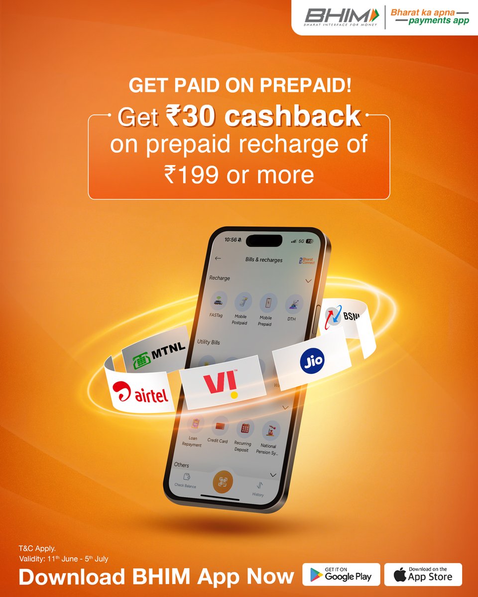 Recharge your phone and your wallet.

Get ₹30 cashback on prepaid recharges with the BHIM Payments App!

#BHIM #BharatKaApnaPaymentsApp #PrepaidRechargeOnBHIM #Offers #Cashback