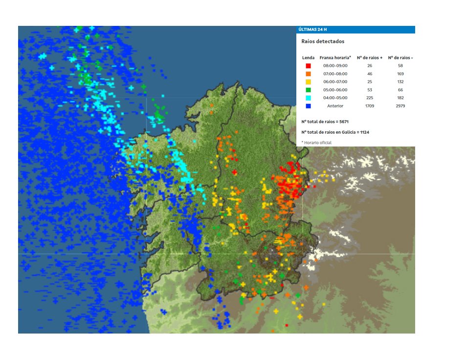 Madrugada de tormentas en #Galicia especialmente activas ao oeste da #Coruña. 
Aínda queda actividade tormentosa ao leste pero irá a menos pola mañá. O resto do día ceos parcialmente nubrados, con máis nubes ao oeste onde a partir de media tarde aumentará posibilidade de chuvias.