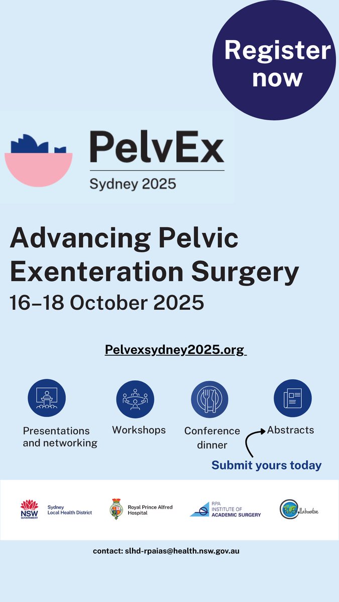 We’re excited to welcome the global surgical community to the PelvEx Conference 2025, taking place in Sydney on 16–18 October 2025.
Register now: pelvexsydney2025.org 
#PelvEx2025 #SurgicalInnovation #ColorectalSurgery #PelvicExenteration #SydneyConference