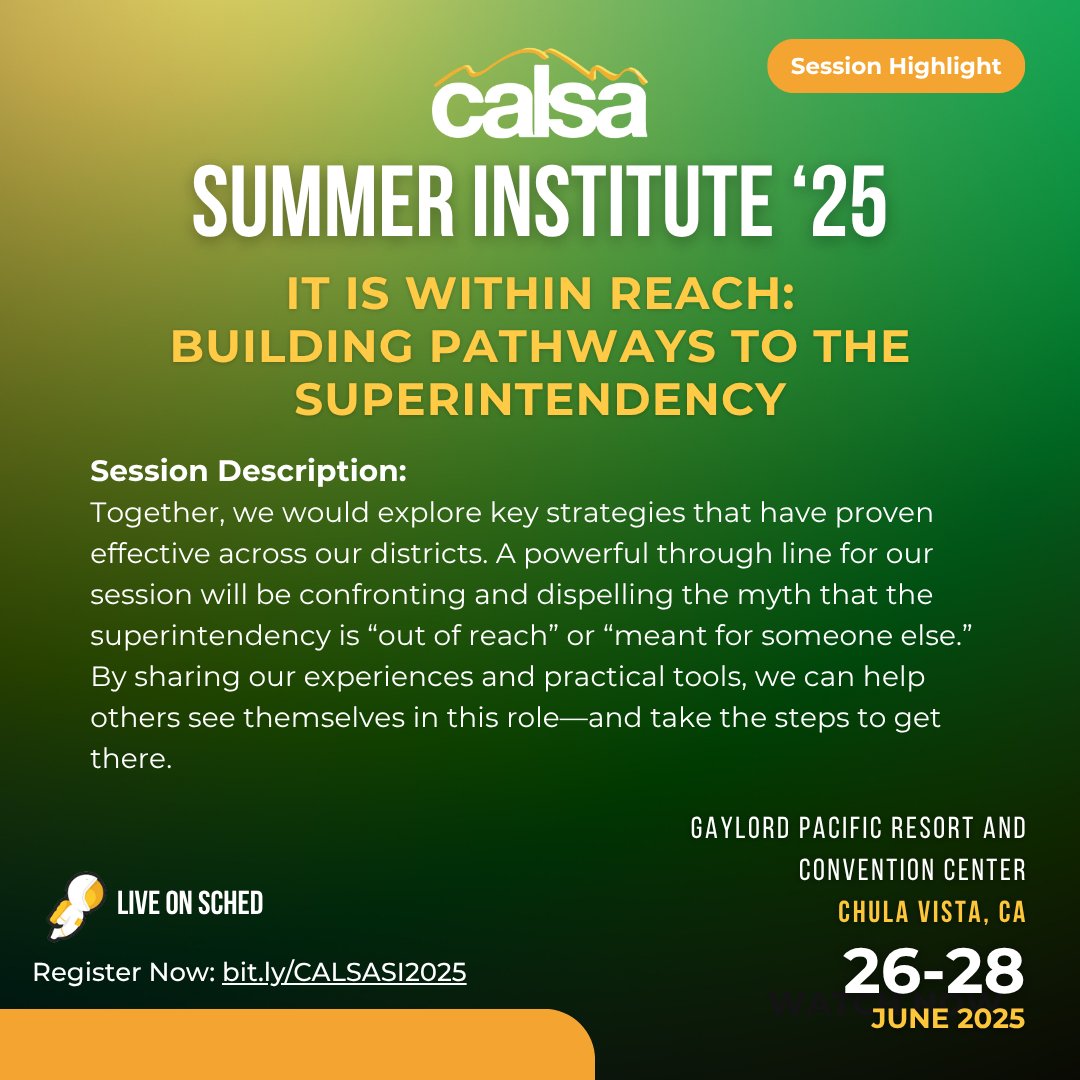 🌟 #SI2025 Session Spotlight 🌟
 It Is Within Reach: Building Pathways to the Superintendency
Join Dr. Carmen Garcia, Dr. Parvin Ahmadi, Rubén Aurelio &amp; Diego R. Ochoa as they share real strategies &amp; dispel the myth that leadership is out of reach.

🔗 bit.ly/CALSASI2025