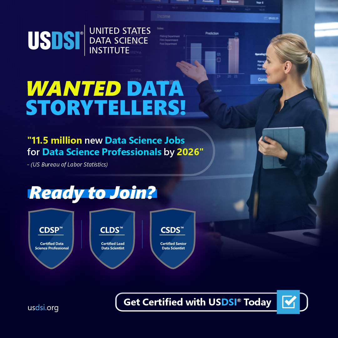 US_DSI's tweet image. Unlock opportunities in data science, AI, analytics, and machine learning with every credential you earn with the world-leader United States Data Science Institute (USDSI®).
Enroll with Top USDSI® Certifications Here bit.ly/3SMtzGk
#DataScienceCertifications #DataScience