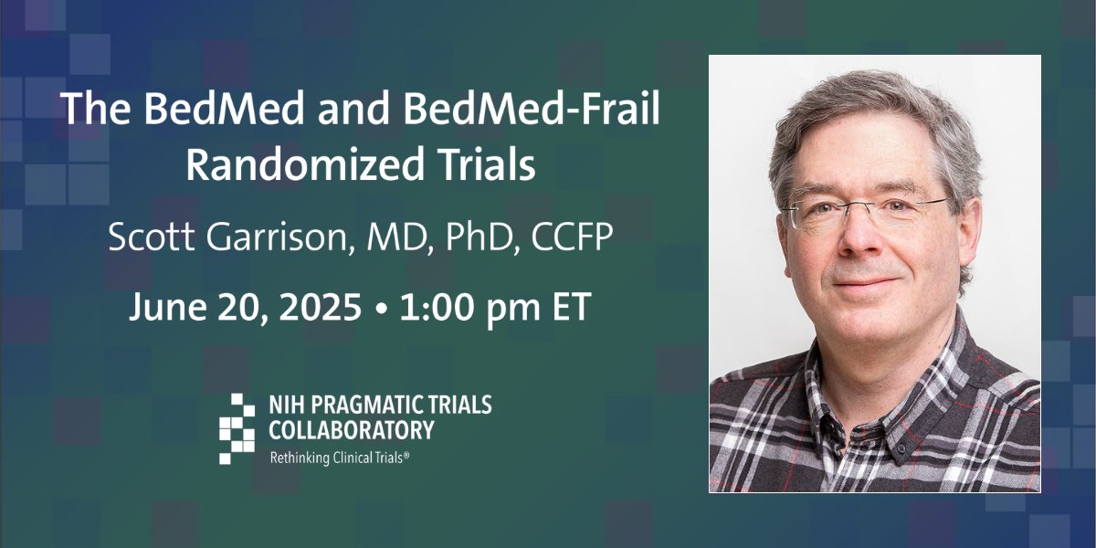 NIH Pragmatic Trials Collaboratory (@collaboratory1) on Twitter photo 📣 In this Friday's PCT Grand Rounds, Scott Garrison of <a href="/UAlberta_FoMD/">UAlberta Med & Dent</a> and Canada's Pragmatic Trials Collaborative will present the BedMed and BedMed-Frail randomized trials. Join us! #pctGR #CardioTwitter
🔗 duke.is/pctnews20250618 📣 In this Friday's PCT Grand Rounds, Scott Garrison of <a href="/UAlberta_FoMD/">UAlberta Med & Dent</a> and Canada's Pragmatic Trials Collaborative will present the BedMed and BedMed-Frail randomized trials. Join us! #pctGR #CardioTwitter
đź”— duke.is/pctnews20250618
