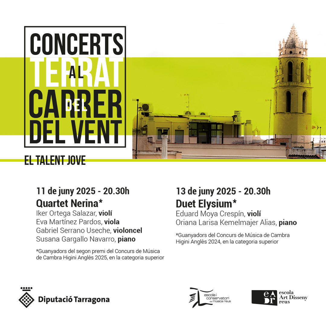 🎶🎻Vols gaudir de magnífiques vistes dels terrats de #Reus amb la màgia de la música de cambra? El Quartet Nerina ofereix el primer dels #ConcertsTerrats del <a href="/cmreus/">Conservatori Reus</a> avui a les 20.30h
Recull la teva entrada a partir de les 17 a la consergeria del carrer de Sant Jaume