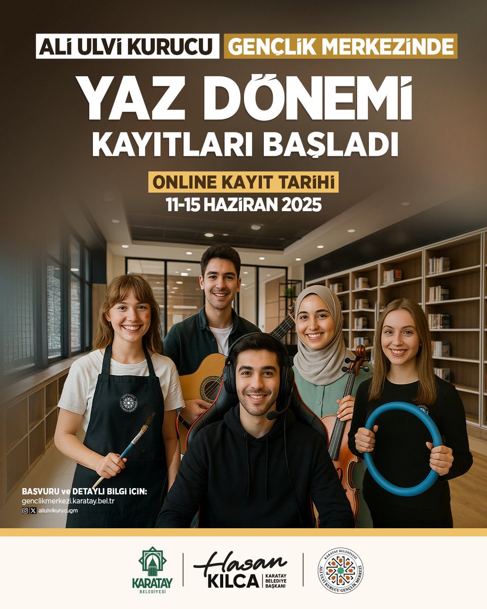 📢 Ali Ulvi Kurucu Gençlik Merkezi Yaz Dönemi Kayıtlarımız Başladı.

🎨 Görsel Sanatlar Atölyesi
🎶 Müzik Atölyesi
🏋🏻 Spor Salonu
🌍 Yabancı Dil Atölyesi
🌙 Değerler Eğitimi Atölyesi
💻 C# Yazılım Kursu
🎮 E-Spor Merkezi

🌐Başvuru ve Detaylı Bilgi İçin ; 
genclikmerkezi.karatay.bel.tr