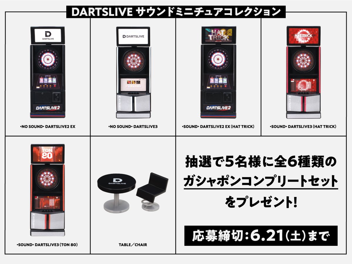 ／
ダーツライブガシャポン®発売記念！
フォロー＆リポストキャンペーン🎉
＼

🔳Xで特別開催🔳

▼応募方法▼
①ダーツライブ公式（＠DARTSLIVE）をフォロー
②この投稿をリポスト

期間▶6/12（木）～6/21（土）

抽選で5名様にダーツライブガシャポンコンプリートセット（6種類）をプレゼント🎁