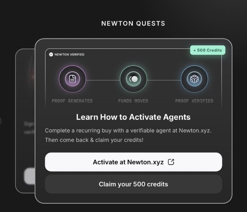 Only4Web3's tweet image. Have you activated your agent yet?
The final Newton Quests are live and the clock is ticking.

Step into the Portal, complete your missions, and unlock what awaits on the other side.
Don’t miss your chance. The future favors the bold. @MagicNewton