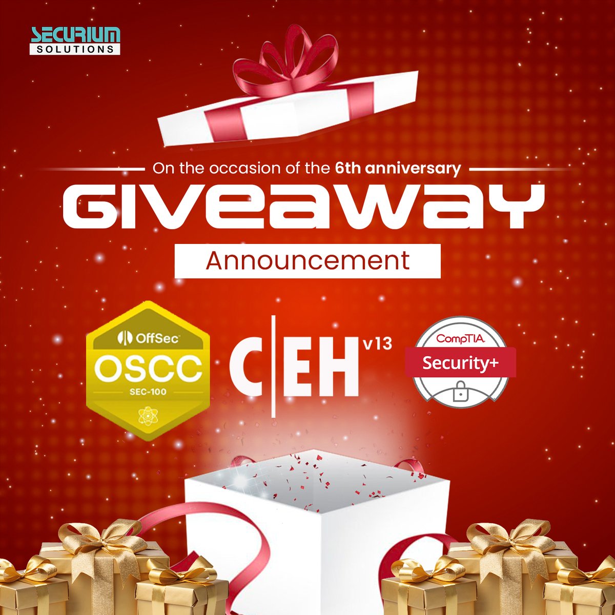 🎉 Securium Turns 6 – GIVEAWAY TIME! 🎉

 Win 1 of 3 top certs:
1️⃣ CompTIA Security+
2️⃣ CEH v13
3️⃣ OSCC SEC-100

To enter:
✅ Like
💬 Comment 
🔁 Follow
📺 Follow us on YouTube

📝 Fill out the confirmation form
👉 bit.ly/4jHktFB

#cyber  #Giveaway