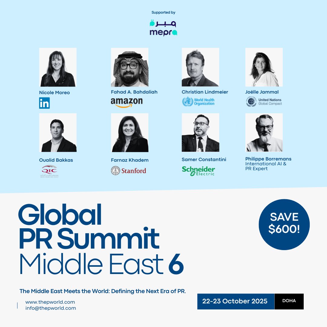 MEPRA is proud to support the Global PR Summit Middle East 6, taking place from 22–23 October in Doha.

The Summit is bringing together top experts and speakers from Amazon, LinkedIn, the World Health Organization, Schneider Electric, Qatar Insurance Group, and more to explore