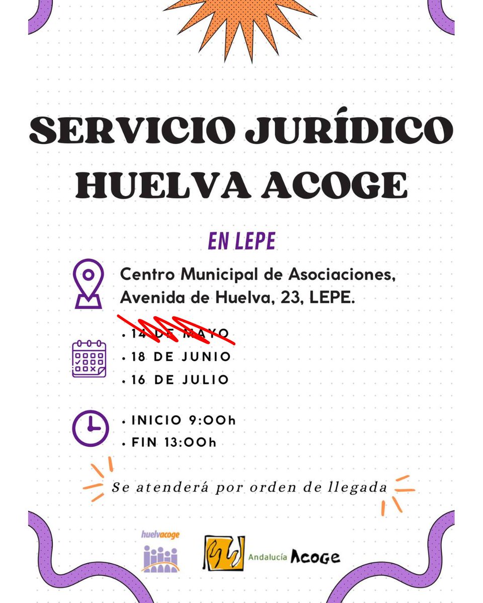 📢¡Buenos días! El miércoles de la semana que viene, día 18 de junio, daremos nuestro próximo servicio de #AtenciónJurídica mensual en el Centro Municipal de Asociaciones de #Lepe. Y el último antes de las vacaciones de verano será el miércoles día 16 de julio.