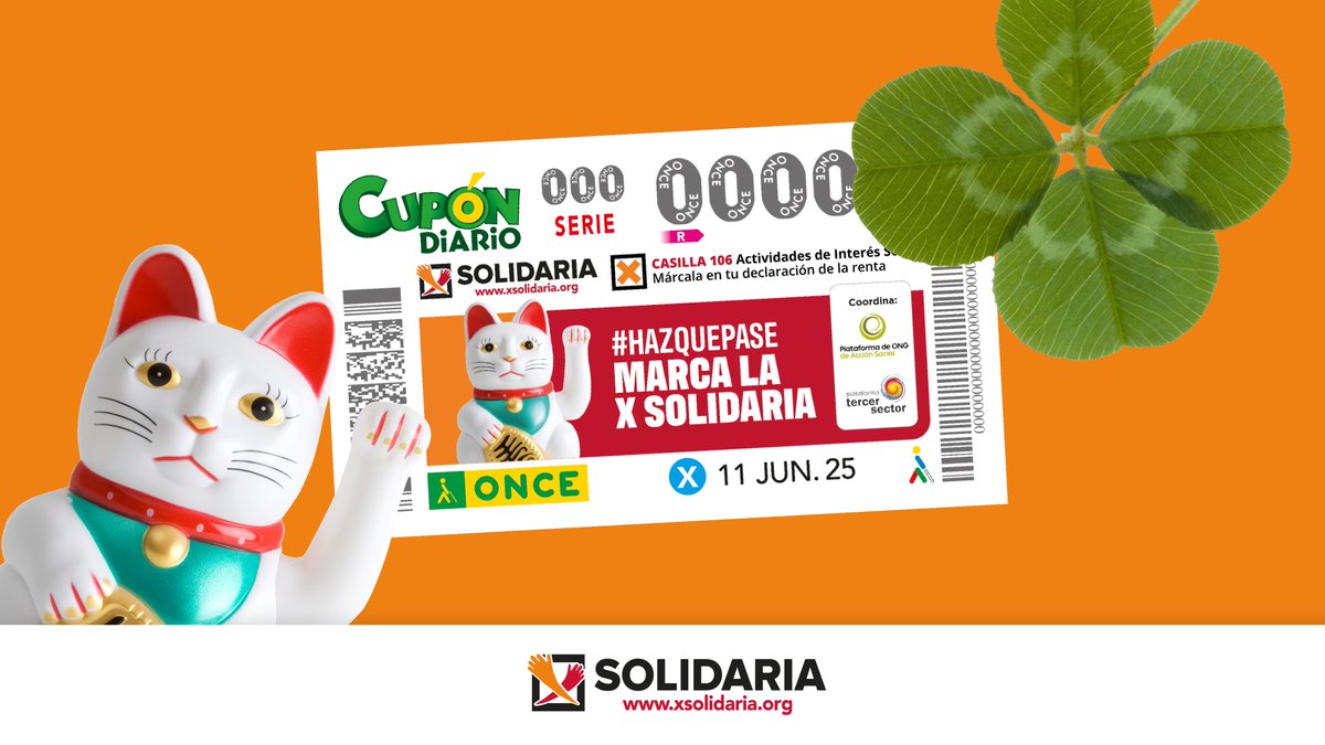 ¡Llegó el día! 🎉 Hoy se sortea el segundo cupón de la @once_es dedicado a la #XSolidaria. ¡Que la suerte te acompañe! 🍀 Y recuerda: marcar la Casilla 106 de Fines Sociales en tu renta también tiene premio… para millones de personas.🧡 #HazQuePase