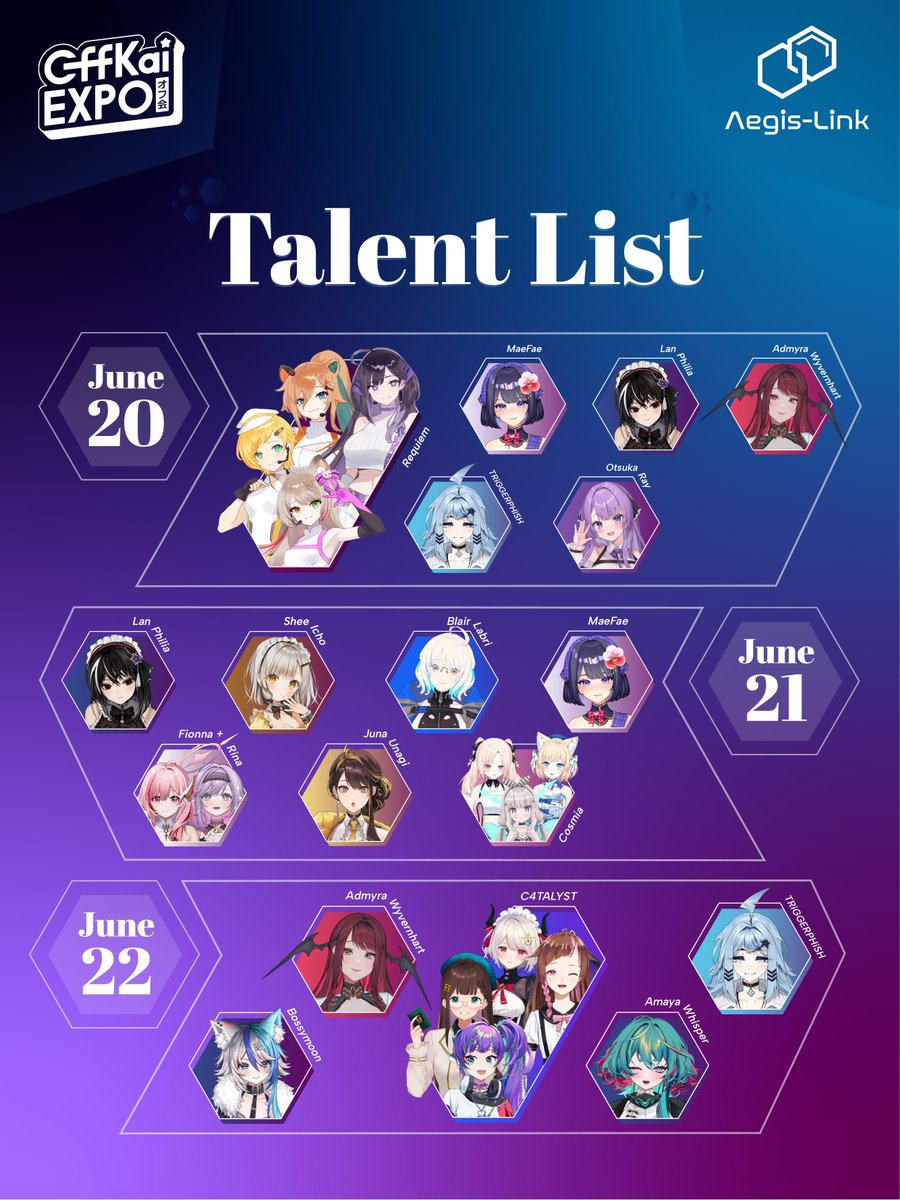 💠 OFFKAI LINE-UP 💠
Below you will find the dates that each of our guest that will be featured at our OffKai Booth #103!
We are so excited and honored to have so many talented people accompanying us for Offkai! 🙌

Keep an eye out as exact times will be posted soon!