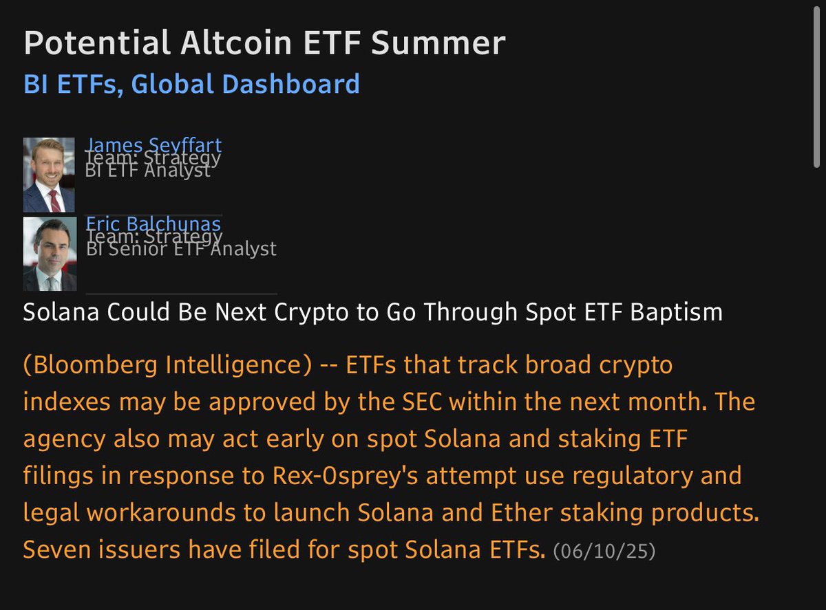 💥 BREAKING: Get ready for a potential ALTCOIN ETF SUMMER!

$SOL is likely to lead the way, with $XRP, $DOGE, $ADA, $DOT, $HBAR, $AVAX, and $SUI also on the radar.

This comes via a new note from Bloomberg analysts James Seyffart &amp; Eric Balchunas, featuring updated odds for all