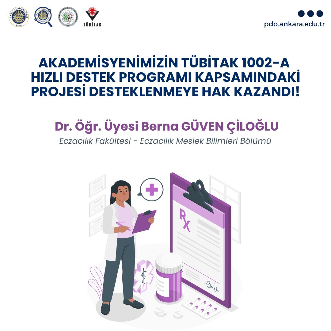 Eczacılık Fakültesi akademisyenlerinden Dr. Öğr. Üyesi Berna GÜVEN ÇİLOĞLU’nun yürütücülüğünü yaptığı araştırma projesi desteklenmeye hak kazanmıştır.

Proje yürütücüsü Dr. Öğr. Üyesi Berna GÜVEN ÇİLOĞLU ile proje ekibini tebrik ederiz.

#AraştırmadaEnİyisiAnkaraÜniversitesi