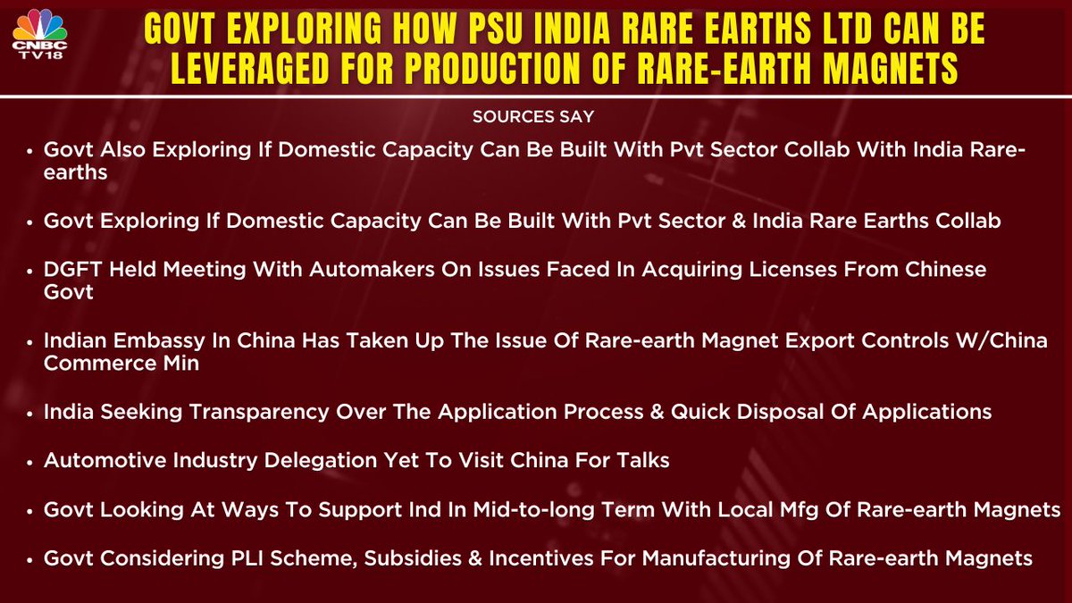 CNBCTV18Live's tweet image. #NewsFlash| Govt exploring how PSU #IndiaRareEarthsLtd can be leveraged for production of rare-earth magnets

DGFT held meeting with automakers on issues faced in acquiring licenses from Chinese govt. Indian embassy in China has taken up the issue of rare-earth magnet export
