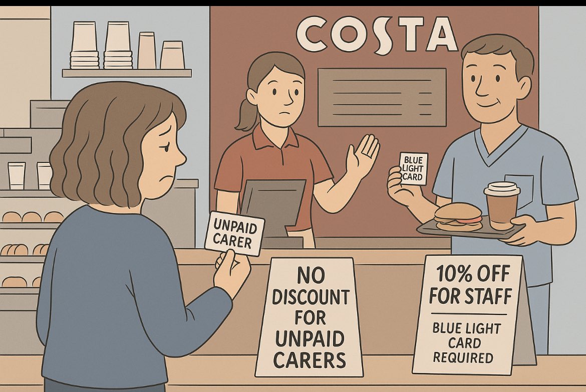 Being an unpaid carer to adult in hospital means:
– Nowhere to cook, refrigerate or heat food
– Can’t go home, can’t bring meals in, can’t get out to buy food. 
– Carer’s Allowance gets stopped after several weeks
- no blue light card 
But yep, still doing 24/7 care…