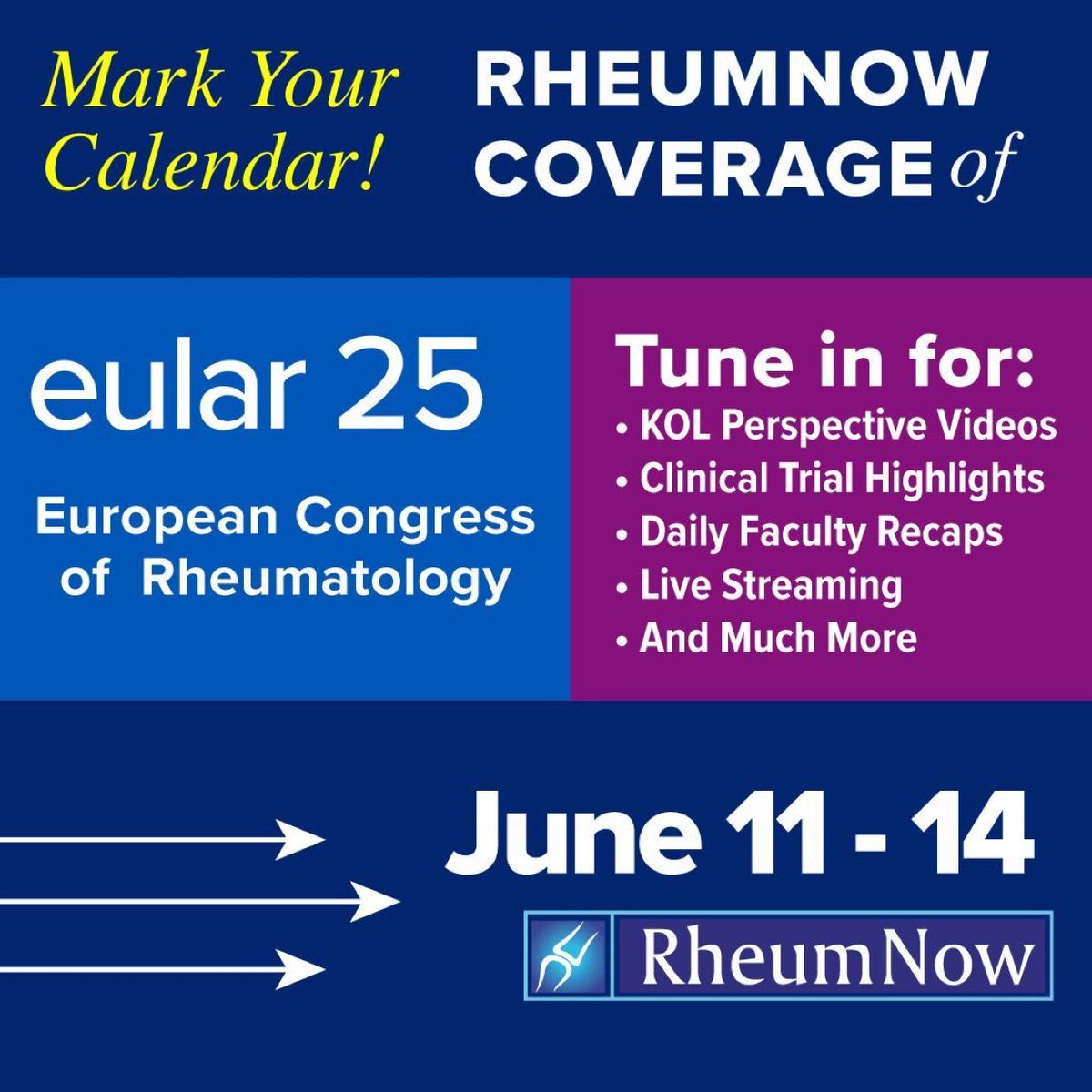Aurelie Najm (@aurelierheumo) on Twitter photo On we are ON 📢
4 very exciting Science days ahead for #EULAR2025
Follow <a href="/RheumNow/">Dr. John Cush</a> for conference coverage. I will be reporting alongside a terrific faculty <a href="/Nellziade/">Nelly ZIADE 🍀</a> <a href="/Yuz6Yusof/">Md Yuzaiful Md Yusof</a> <a href="/Janetbirdope/">Janet Pope</a> <a href="/DrMiniDey/">Mrinalini Dey</a> <a href="/drdavidliew/">David Liew</a> <a href="/JihaRheum/">Jiha Lee</a> <a href="/AdelaCastro222/">Adela Castro</a> <a href="/synovialjoints/">Antoni Chan MD (Prof)</a> On we are ON 📢
4 very exciting Science days ahead for #EULAR2025
Follow <a href="/RheumNow/">Dr. John Cush</a> for conference coverage. I will be reporting alongside a terrific faculty <a href="/Nellziade/">Nelly ZIADE 🍀</a> <a href="/Yuz6Yusof/">Md Yuzaiful Md Yusof</a> <a href="/Janetbirdope/">Janet Pope</a> <a href="/DrMiniDey/">Mrinalini Dey</a> <a href="/drdavidliew/">David Liew</a> <a href="/JihaRheum/">Jiha Lee</a> <a href="/AdelaCastro222/">Adela Castro</a> <a href="/synovialjoints/">Antoni Chan MD (Prof)</a>