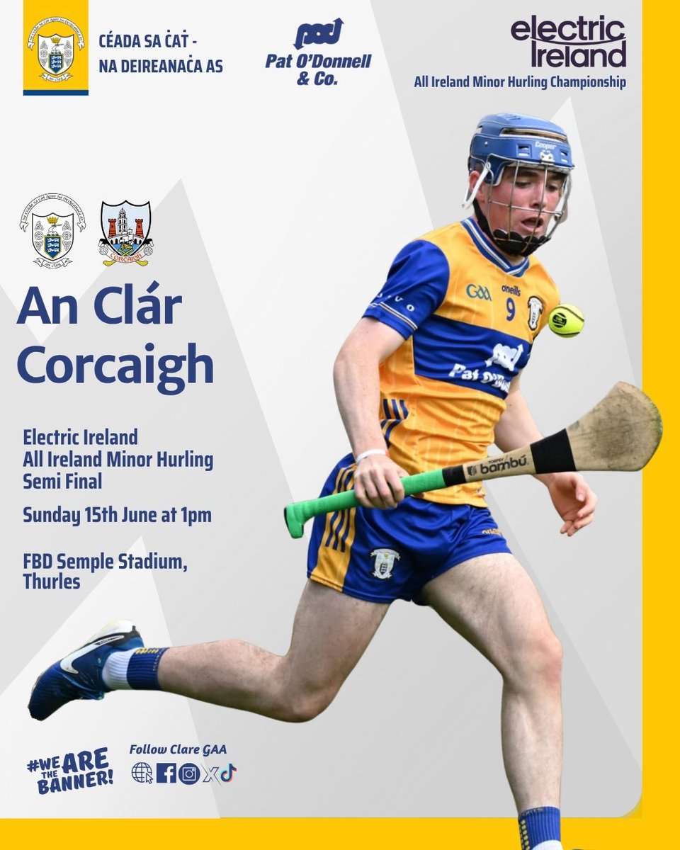 Clare Gaa (@gaaclare) on Twitter photo A huge game for our Minor Hurlers who will take on Cork with a place in the <a href="/ElectricIreland/">Electric Ireland</a> All Ireland MHC up for grabs this Sunday .
It’s a 1::00pm throw in at FBD Semple Stadium.
Buy your ticket now at am.ticketmaster.com/gaa/minorhurli…
A big Banner support in Thurles can make all A huge game for our Minor Hurlers who will take on Cork with a place in the <a href="/ElectricIreland/">Electric Ireland</a> All Ireland MHC up for grabs this Sunday .
It’s a 1::00pm throw in at FBD Semple Stadium.
Buy your ticket now at am.ticketmaster.com/gaa/minorhurli…
A big Banner support in Thurles can make all