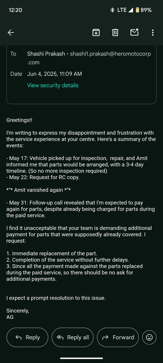 beingakg's tweet photo. @HeroMotoCorp service centre replaced wrong parts in paid service &amp; now asking for replace another part, raised with Sashi, following up.since may 12 but he is of no good..see attached ss. https://t.co/fw4Ac0u1Jl