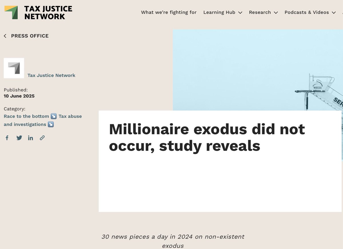 There has been no millionaire exodus from the UK, research sponsored by ‘patriotic millionaires’ finds bit.ly/4mXZQb1 but wide media coverage of the alleged exodus may have led to govt unnecessarily weakening non dom rules. It calls for a wealth tax.