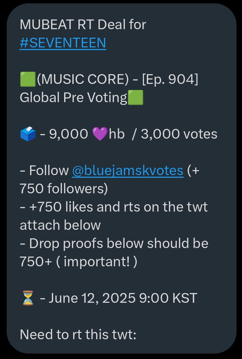 horanghaemeyn's tweet photo. NEED HELP WITH THIS CARATS 🙏 THIS IS FOR 9K HEARTBEATS‼️

MUBEAT RT Deal for #SEVENTEEN 

🟩(MUSIC CORE) - [Ep. 904] Global Pre Voting🟩    

🗳 - 9,000 💜hb  / 3,000 votes  

- Follow @bluejamskvotes (+ 750 followers)   
- +750 likes and rts on the twt attach below    
- Drop proofs below should be 750+ ( important! )    

⏳ - June 12, 2025 9.00 AM KST    

Need to rt this twt: https://t.co/6Tgvw020mB