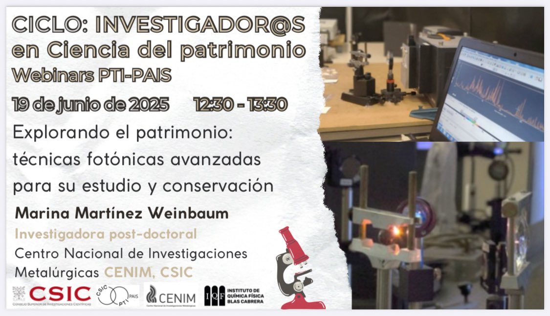 PTI-PAIS: Patrimonio Abierto (@paispti) on Twitter photo ‼️VII webinar del ciclo de Investigador@s en Ciencia del Patrimonio‼️. Marina Martínez del <a href="/CSICCENIM/">CENIM-CSIC 🔥</a> nos hablará el 19 de junio a las 12:30 sobre: “Explorando el patrimonio: técnicas fotónicas avanzadas para su estudio y conservación”
🔗 conecta.csic.es/rooms/qlf-rmj-…
¡Os esperamos! ‼️VII webinar del ciclo de Investigador@s en Ciencia del Patrimonio‼️. Marina Martínez del <a href="/CSICCENIM/">CENIM-CSIC 🔥</a> nos hablará el 19 de junio a las 12:30 sobre: “Explorando el patrimonio: técnicas fotónicas avanzadas para su estudio y conservación”
🔗 conecta.csic.es/rooms/qlf-rmj-…
¡Os esperamos!