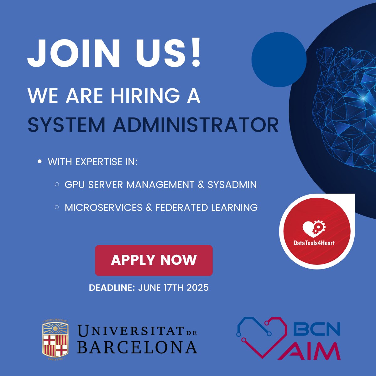 BCN_AIM's tweet image. ⏳6 Days Left to Apply!
Are you a skilled 𝗦𝘆𝘀𝘁𝗲𝗺 𝗔𝗱𝗺𝗶𝗻𝗶𝘀𝘁𝗿𝗮𝘁𝗼𝗿 with a passion for secure, high-performance systems and AI for healthcare? Our lab is looking for you!
📌 More info & apply: shorturl.at/Ye6E8