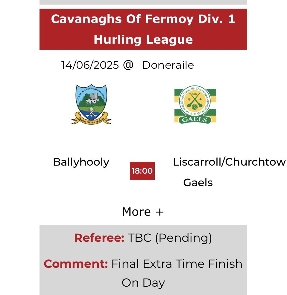 Liscarroll Churchtown Gaels (@lcgaelsgaa) on Twitter photo All roads lead to Doneraile this Saturday evening. Wishing our team and management the very best of luck as they take on Ballyhooly in the <a href="/CavFermoy/">Cavanaghs of Fermoy</a> DIV1 Hurling League Final.
We hope you all show your support and get behind the lads on Saturday ππ»ππ»
<a href="/AvondhuGAA/">Avondhu GAA</a> All roads lead to Doneraile this Saturday evening. Wishing our team and management the very best of luck as they take on Ballyhooly in the <a href="/CavFermoy/">Cavanaghs of Fermoy</a> DIV1 Hurling League Final.
We hope you all show your support and get behind the lads on Saturday ππ»ππ»
<a href="/AvondhuGAA/">Avondhu GAA</a>