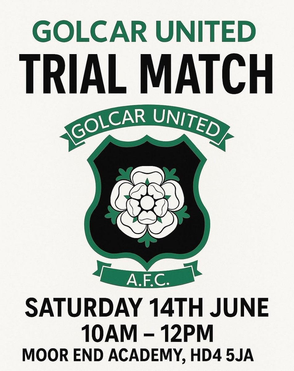 Golcar United A.F.C (@golcarunited) on Twitter photo Golcar United are hosting a trial match at Moor End Academy (HD4 5JA) THIS SATURDAY.
To register your interest;
Contact Ben Senior on 07825 744829
Or send a copy of your Football CV to:
Enquiries@GolcarUnited.co.uk or Joe_Skarz@hotmail.com
Up the Village ๐ขโซ๏ธ Golcar United are hosting a trial match at Moor End Academy (HD4 5JA) THIS SATURDAY.
To register your interest;
Contact Ben Senior on 07825 744829
Or send a copy of your Football CV to:
Enquiries@GolcarUnited.co.uk or Joe_Skarz@hotmail.com
Up the Village ๐ขโซ๏ธ