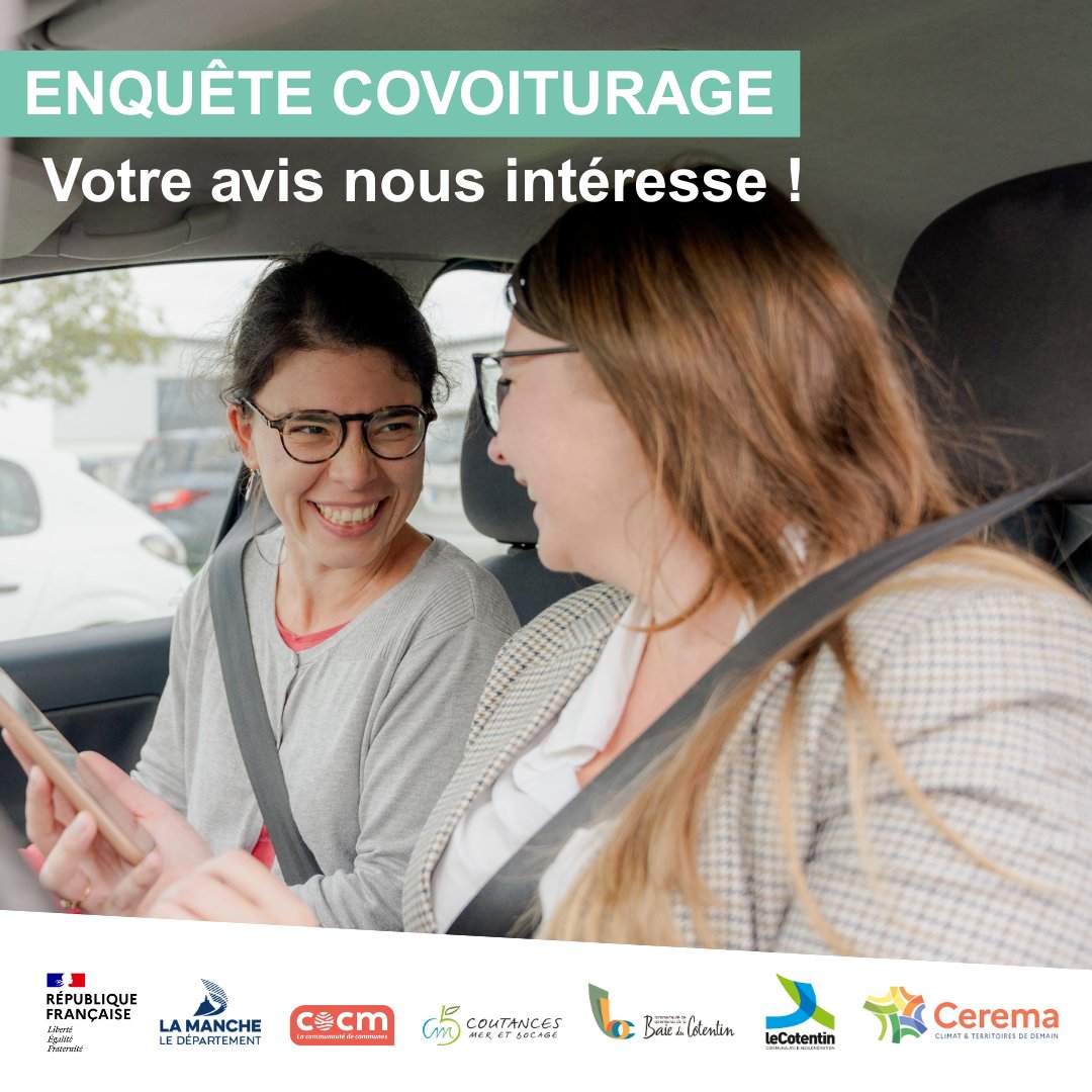 [Enquête covoiturage : Votre avis nous intéresse !]

Participez à notre enquête en ligne du 12 mai au 30 juin 2025 !
👉Pour répondre à ce questionnaire, il vous faudra seulement 5 à 10 minutes.
👉Pour participer, c'est par ici 📷 enqueteur.cerema.fr/index.php?r=su…

#capcotentin #jecovoiture