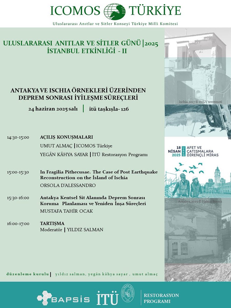 2025 Yılı Uluslararası Anıtlar ve Sitler Günü etkinlikleri kapsamında 24 Haziran 2025 Salı günü İstanbul'da İTÜ Taşkışla'da gerçekleştirilecek olan etkinliğimize katılımınızı bekleriz. #icomosidms2025 #idms
