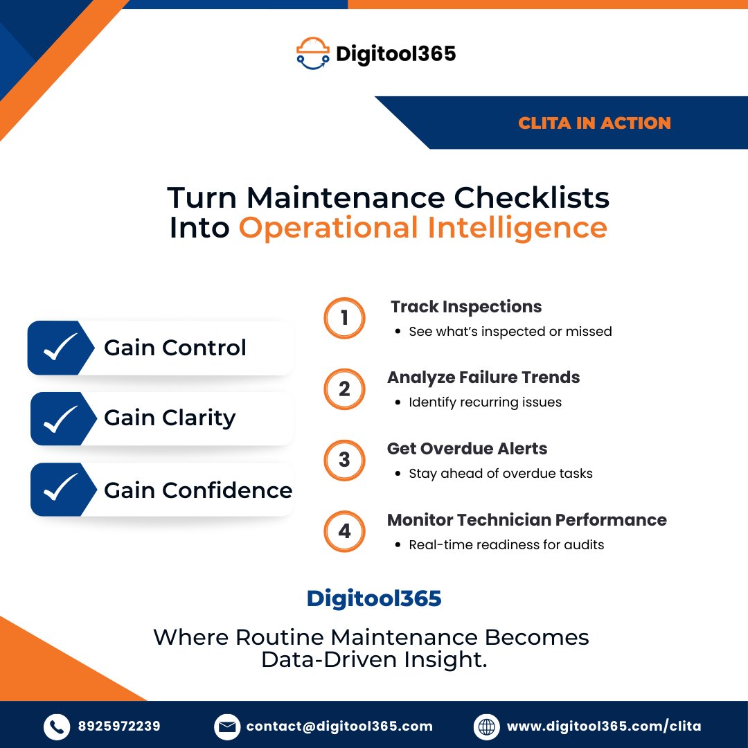 aim2c_official's tweet image. From Checklist to Control Panel with Digitool365!
Turn your CLITA maintenance into real-time operational intelligence
Track inspections
Spot failure trends
Get timely alerts
Monitor technician performance
digitool365.com/clita
#CLITA #Digitool365 #SmartMaintenance #Industry40