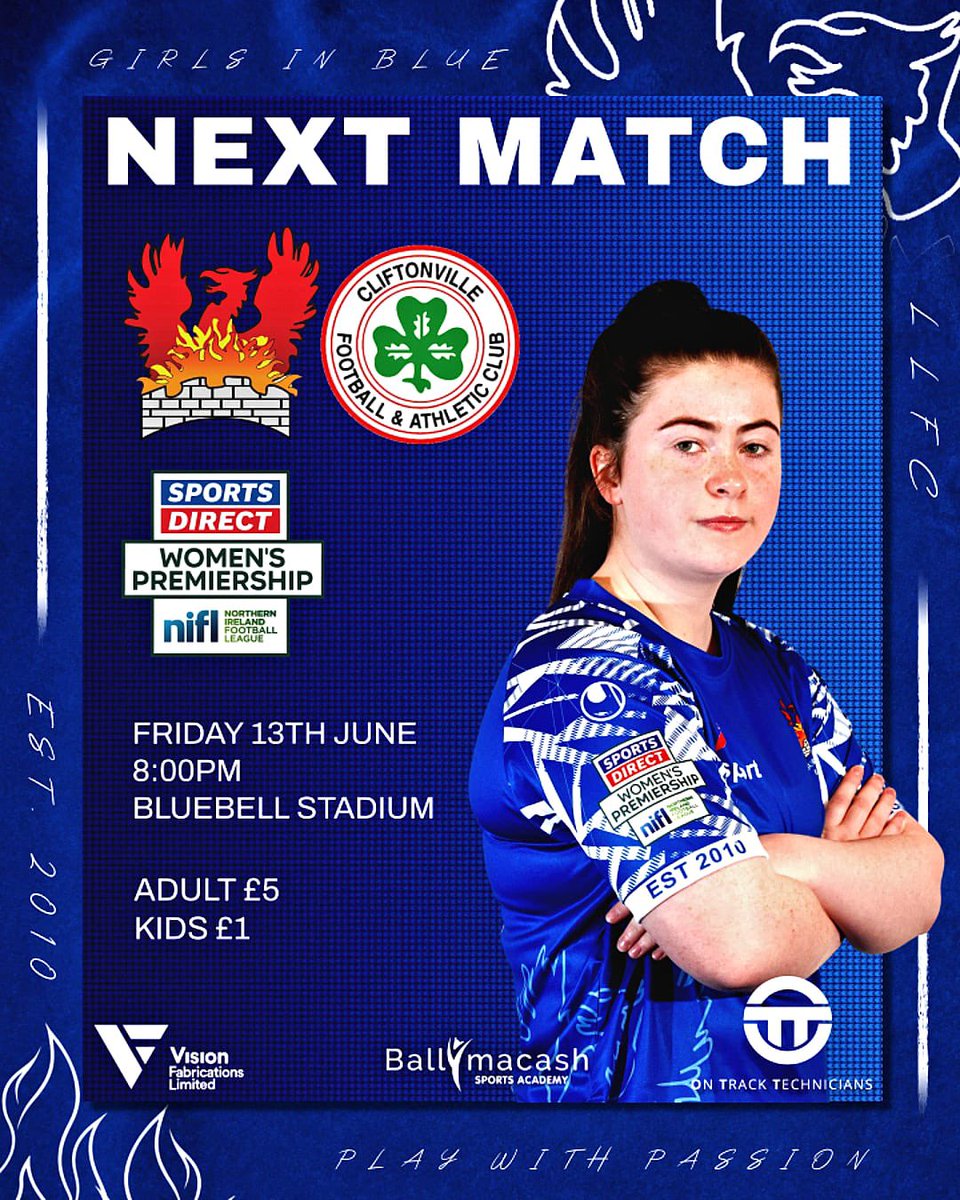 Sports Direct Wonen’s Premiership 

We welcome current League Champions Cliftonville FC to the Bluebell this Friday night 💪⚽️💙

Matchday Sponsor - On Track Technicians Ltd 

#girlsonlyfootballclub
#FamilyClub
#oneclub
#heartofthecommunity

GIRLS IN BLUE - PLAY WITH PASSION