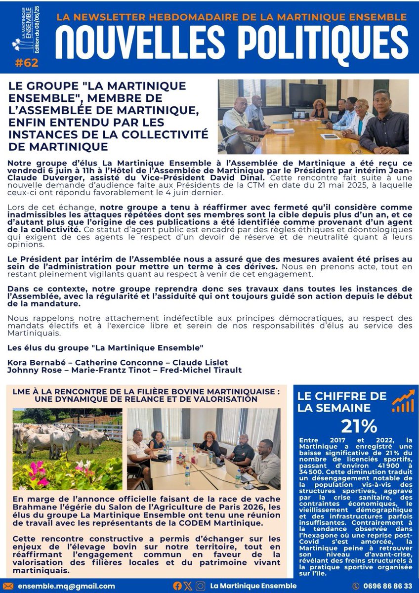 62eme édition de la newsletter hebdomadaire de la Martinique Ensemble 
Bonne lecture 😊
