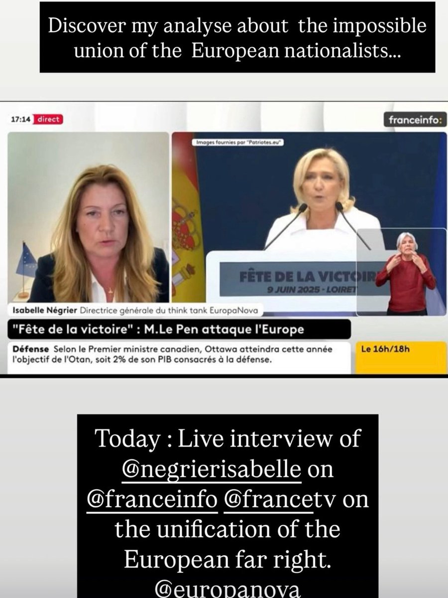 Isabelle Négrier 🇪🇺 (@negrierisabelle) on Twitter photo Merci à <a href="/franceinfo/">franceinfo</a> de m’avoir permis en direct le 9 juin , pour <a href="/Europa_Nova/">EuropaNova</a> présidé par <a href="/GuillaumeKlossa/">Guillaume Klossa</a> , d analyser la tentative avortée de Marine Le Pen d unir les extrêmes droites en europe . Plus de 7 pays gouvernent avec l extrême droite en Europe mais tous n ont pas Merci à <a href="/franceinfo/">franceinfo</a> de m’avoir permis en direct le 9 juin , pour <a href="/Europa_Nova/">EuropaNova</a> présidé par <a href="/GuillaumeKlossa/">Guillaume Klossa</a> , d analyser la tentative avortée de Marine Le Pen d unir les extrêmes droites en europe . Plus de 7 pays gouvernent avec l extrême droite en Europe mais tous n ont pas