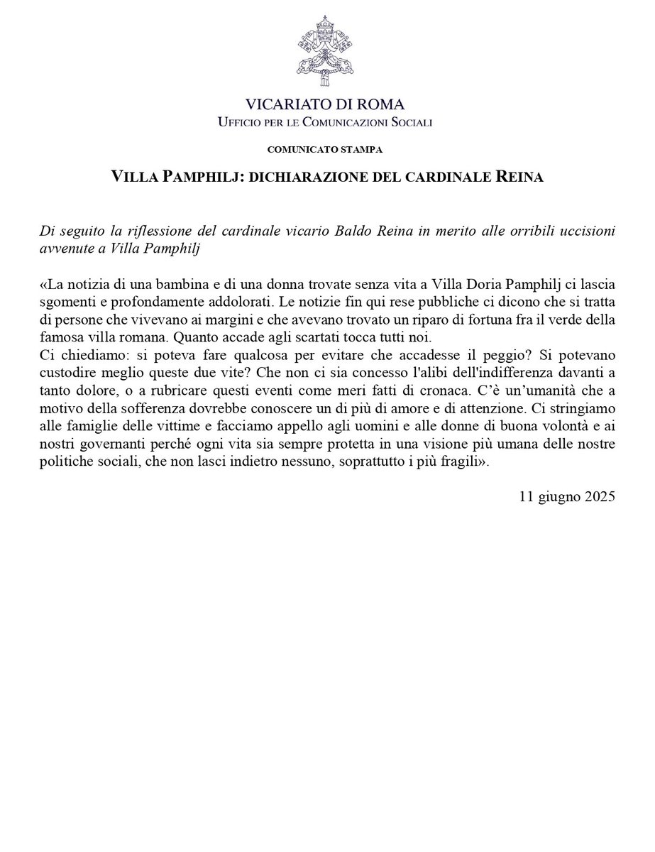 #VillaPamphilj, dichiarazione del cardinale vicario Baldo Reina. #11giugno