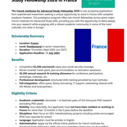 opportunitiesfy's tweet image. Apply for the fully funded #FIAS Fellowship 2026! Open to Social Sciences &amp;amp; Humanities researchers for 10 months in France.

Deadline: July 16, 2025.

Apply: wp.me/p23f03-eZm

#AcademicResearch #Scholarship #PhD #ResearchOpportunity