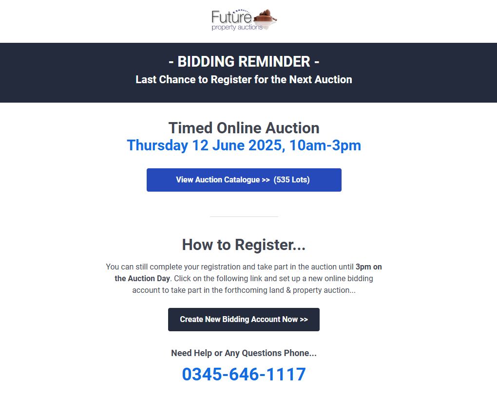 - BIDDING REMINDER - Last Chance to Register for the Next Auction
 Timed Online Auction Thursday 12 June 2025, 10am-3pm
View Auction Catalogue >>  (535 Lots)  buff.ly/bBG8YUN 

#propertyauction #property #propertyinvestor #auction #investment