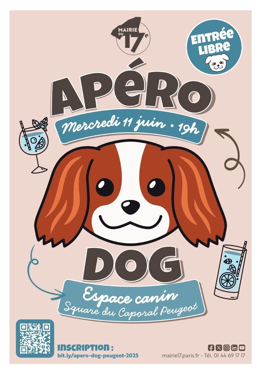 🐶🍷 Ce soir à 19h, c’est Apéro Dog au square Caporal Peugeot !
📍Paris 17 – Ambiance conviviale, rencontres canines &amp; humaines garanties 🐾🗣️
Tu as un chien ? Tu aimes les chiens ? Tu veux rencontrer du monde ? Viens !

🔗 Inscription ici 👉 bit.ly/apero-dog-peug…

#ApéroDog