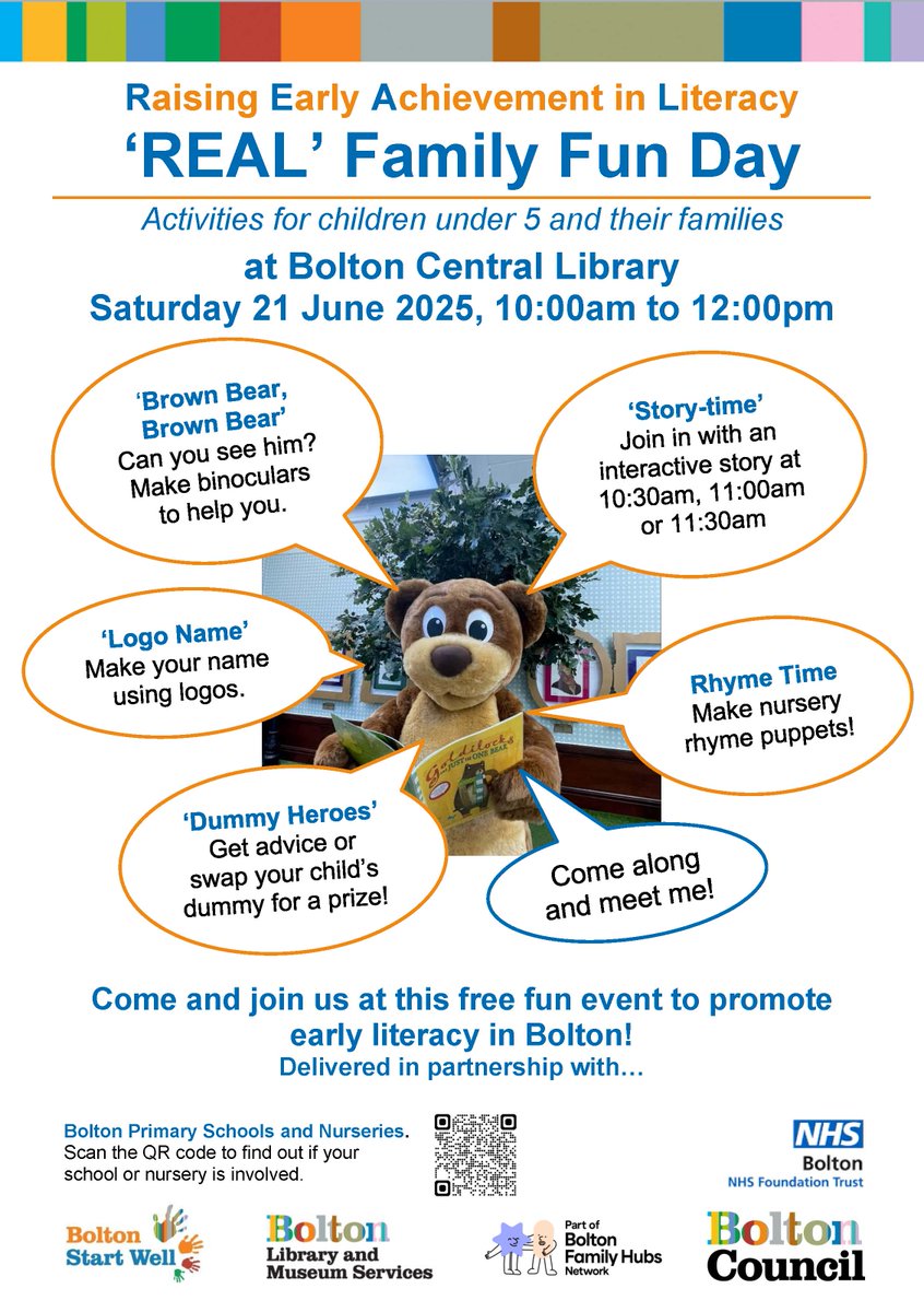 Please share with colleagues and families 👇

REAL Family Fun Day
Bolton Central Library
Saturday 21st June 2025
10:00am - 12:00pm

Lots to do for families with children under 5 years old and its free!

No need to book, just call in.
