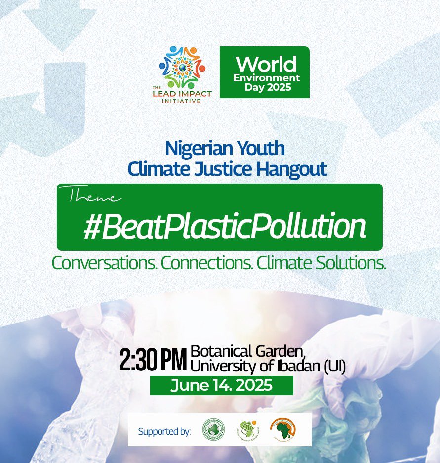 Join us for the Nigerian Youth Climate Justice Hangout, featuring discussions and consultations on tackling plastic pollution and rethink waste management.

🗣️ Fun + Insightful Conversations + Real Solutions

Reg: forms.gle/fjyeQawLbPdbSK…

#WED2025 #ClimateJustice