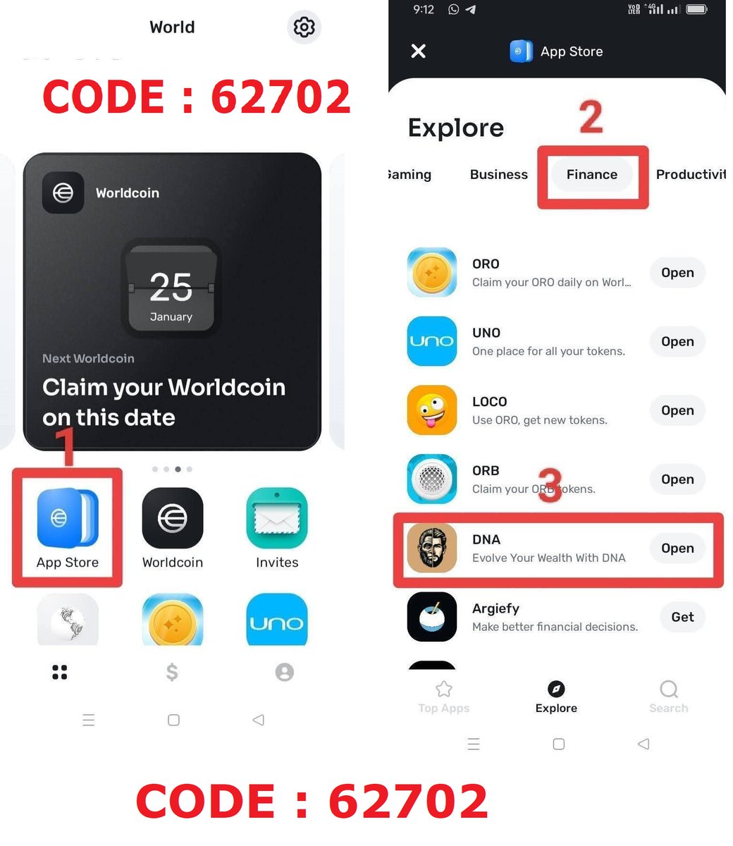 boseiyc's tweet photo. @OuO_bed HIDDEN GEMS IN WORLDCOIN ECOSYSYTEM.

1️⃣ Install World App and follow the on-screen steps.
2️⃣ Open World App -> App Store -> Finance -> DNA to get the DNA App.
3️⃣ Register with _my invitation code:_ *62702*

*(https://t.co/gWAp6w3BVO)* instead of the World App. https://t.co/3O4pYkMbnc