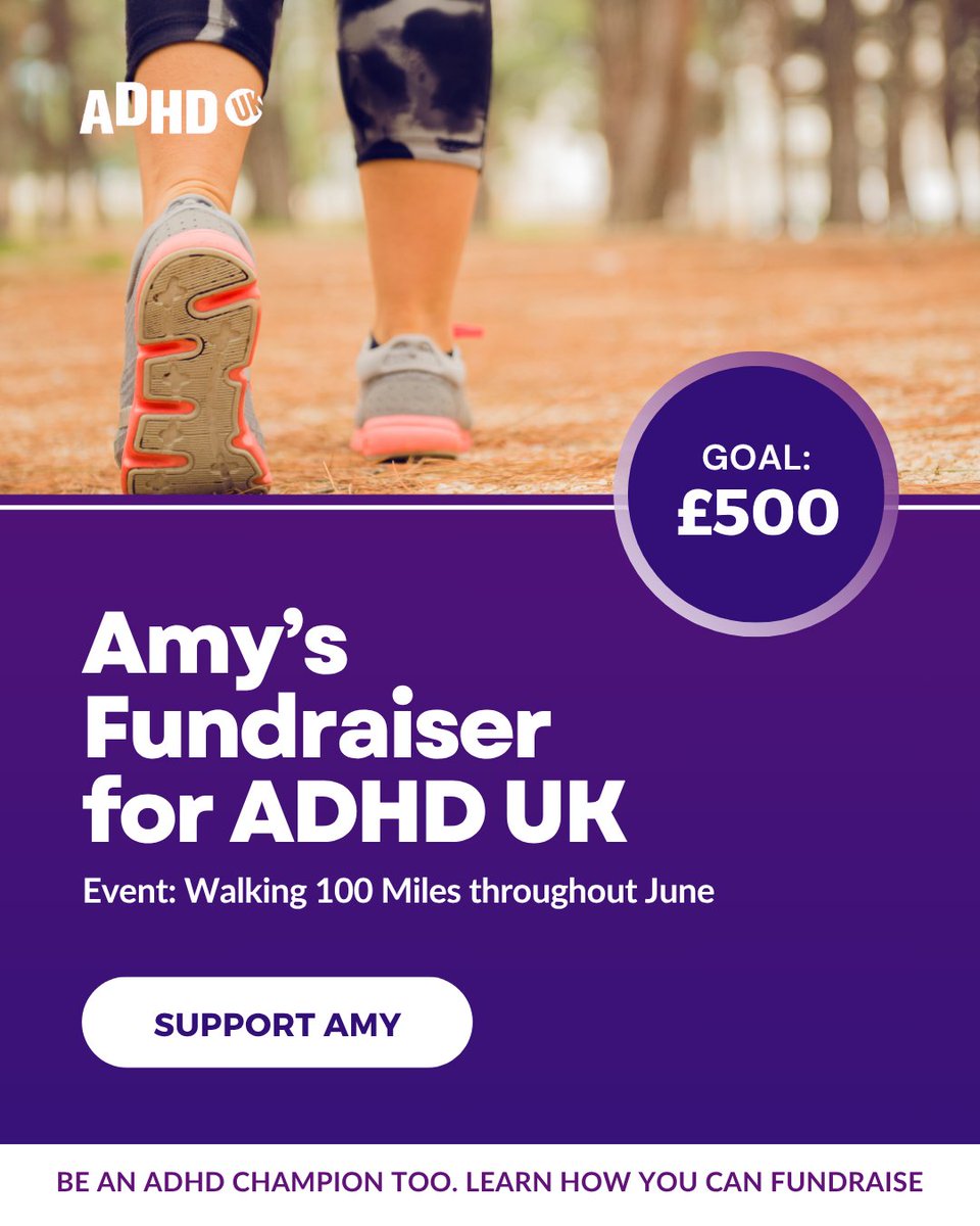 Join us in giving a huge cheer to Amy Frampton, who's walking 100 miles throughout June to raise vital funds for ADHD UK!

Amy's story is one many can relate to. Diagnosed in 2022 after years of feeling "different," she's found understanding, healing, and strength on her journey.