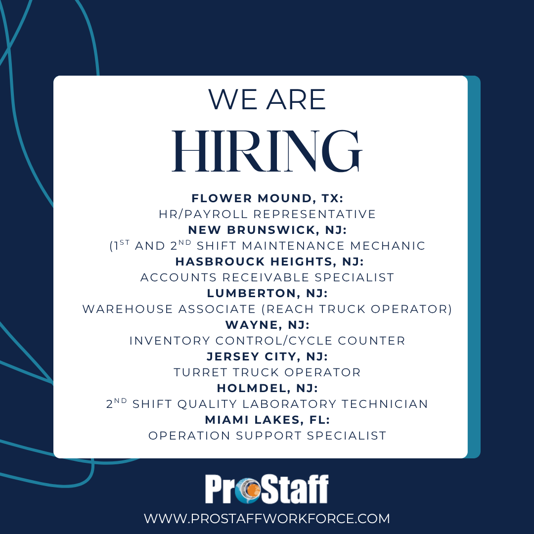 ProStaffNJ1's tweet photo. 📍Attention TX, NJ, and FL friends! We have great opportunities in HR, maintenance, accounts receivables, warehousing, inventory control, and more!
✅ Competitive roles
✅ Industry experience valued
✅ Apply today at https://t.co/7VPJy1HzJU

#fljobs #txjobs #njjobs #werehiring https://t.co/lAlBYCd5lU
