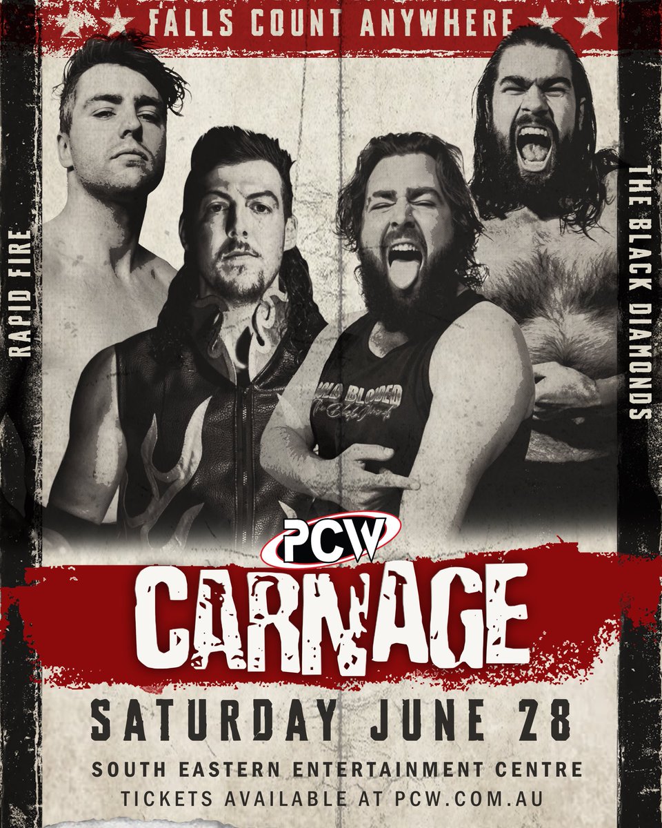 🔥 MAIN EVENT ANNOUNCED! 🔥

It all comes down to this! After months of brutal attacks, wild brawls, and pure chaos, the war between Rapid Fire and The Black Diamonds explodes at PCW CARNAGE, in a FALLS COUNT ANYWHERE MATCH!

Tickets available at PCW.com.au
