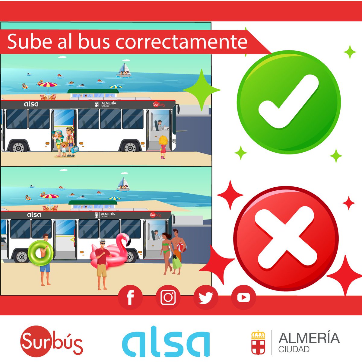 Recuerda que debes subir al 🚌 correctamente vestido y con la ropa seca, así como con todos tus enseres de playa recogidos, plegados... El resto de usuarios te lo agradecerá 👍.
Gracias por tu colaboración 😉.
<a href="/aytoalm/">Ayuntamiento de Almería</a>  <a href="/Alsa_autobuses/">Alsa</a>  <a href="/ualestudiantes/">UAL Estudiantes</a>