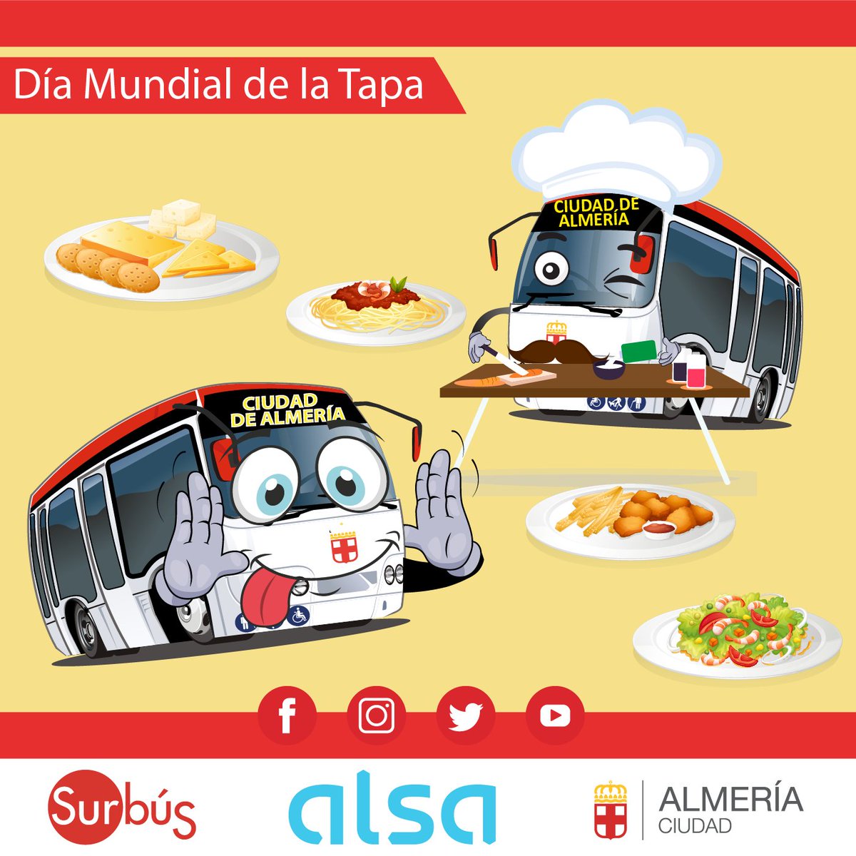 Hoy se celebra el #DíaMundialdelaTapa y #Almería sin duda, es la reina en esta materia 😋😋.
Disfrutemos del día y degustemos las #tapas más tradicionales y típicas de nuestra ciudad.
#Surbús te acerca a los #baresalmeria 😊.
<a href="/aytoalm/">Ayuntamiento de Almería</a>  <a href="/Alsa_autobuses/">Alsa</a>  <a href="/ualestudiantes/">UAL Estudiantes</a>