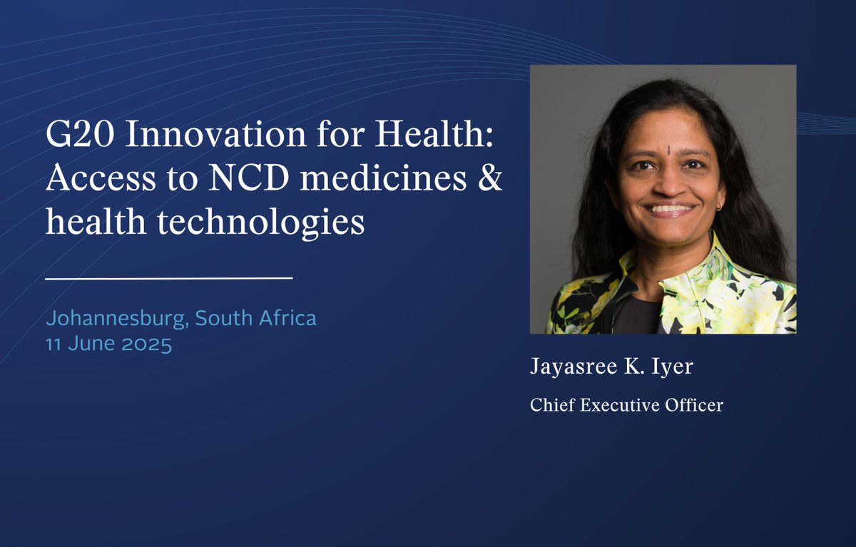 AtMIndex's tweet image. Our CEO, @JayasreeKIyer, is speaking today at the #G20 Innovation for Health: Access to NCD medicines & health technologies dialogue in Johannesburg, where she'll discuss current barriers to affordable treatment & care for #NCDs in #LMICs. Learn more➡️accesstomedicinefoundation.org/event/jayasree…