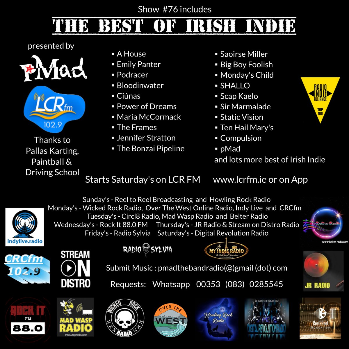 pmadtheband's tweet photo. This week #76:
#AHouse
@podracerband
#bloodinwater
#ciunas
@powerofdreams30
#mariamccormack @otwonlineradio
@TheFrames
@foolish_big
#scapkaelo
@staticvision_
#compulsion
@pmadtheband
+ lots more
#IrishIndie
https://t.co/0sAvnDhRIa
& Replayed Worldwide Daily https://t.co/68qLFrlgnA