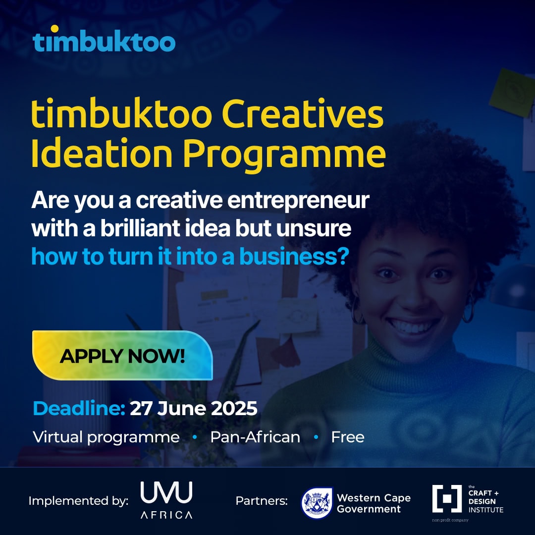 UNDP South Africa (@undpsouthafrica) on Twitter photo Hey, young African creative, this is YOUR moment!
Got a bold idea for Audio-visual, Music, Design, Multimedia, Cultural heritage preservation?
Turn it into a real business with the <a href="/timbuktooafrica/">timbuktooAfrica</a> Creative Hub Incubation Programme.
đź”—Submit application: rb.gy/kshp0w Hey, young African creative, this is YOUR moment!
Got a bold idea for Audio-visual, Music, Design, Multimedia, Cultural heritage preservation?
Turn it into a real business with the <a href="/timbuktooafrica/">timbuktooAfrica</a> Creative Hub Incubation Programme.
đź”—Submit application: rb.gy/kshp0w